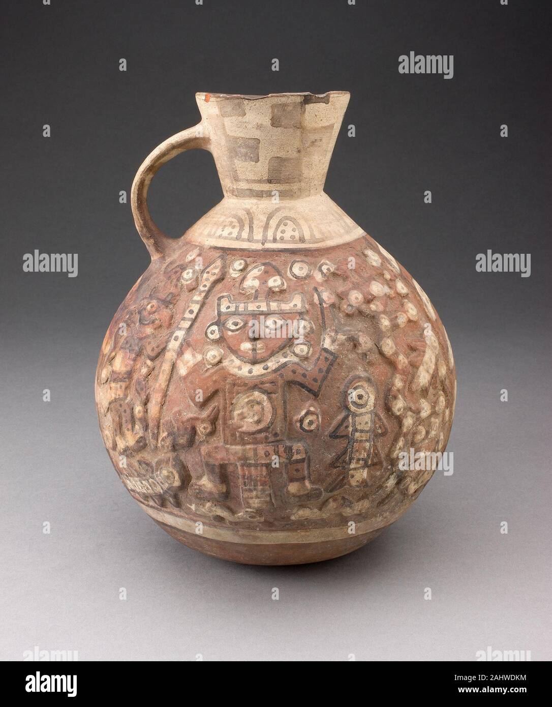 Lambayeque. Handeled Jar con rilievo dipinto raffigurante la Figura con animali. 1000-1476. Peruviano costa del nord. Ceramica e pigmento Foto Stock