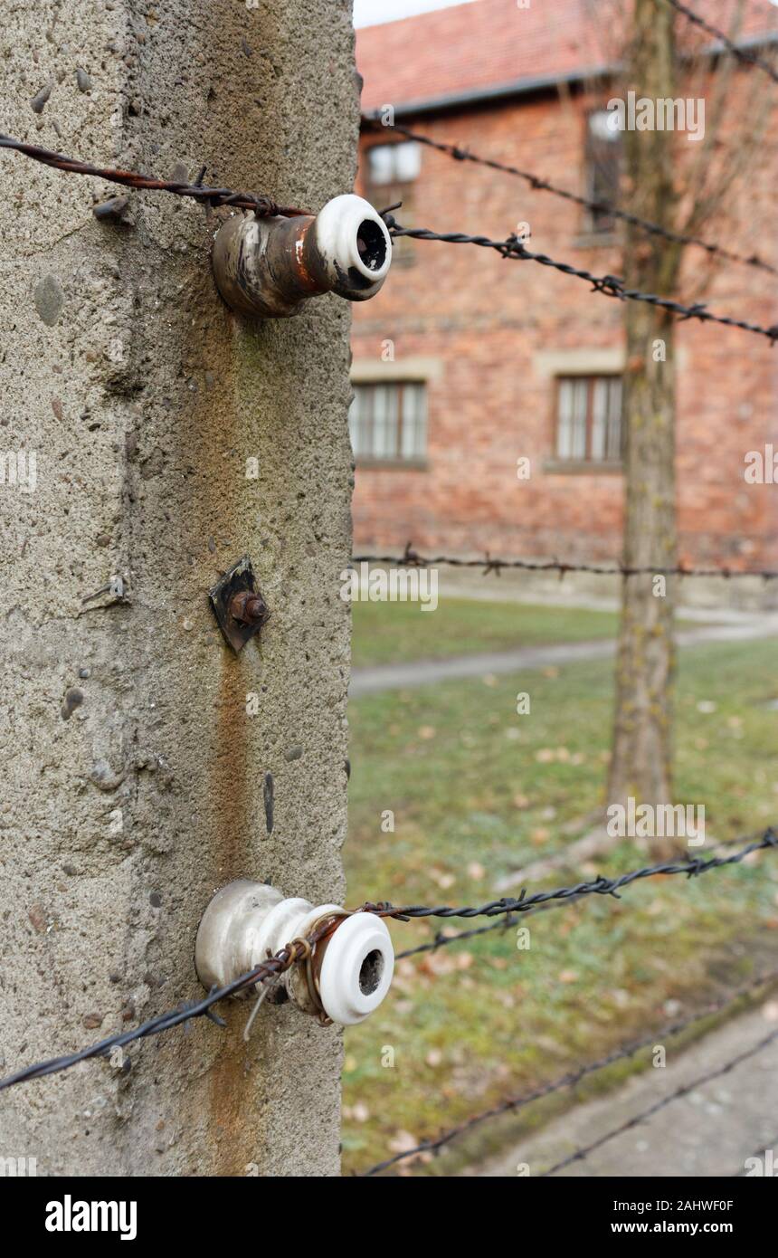 Filo spinato palo da recinzione al campo di concentramento di Auschwitz, Oświęcim, Polonia Foto Stock