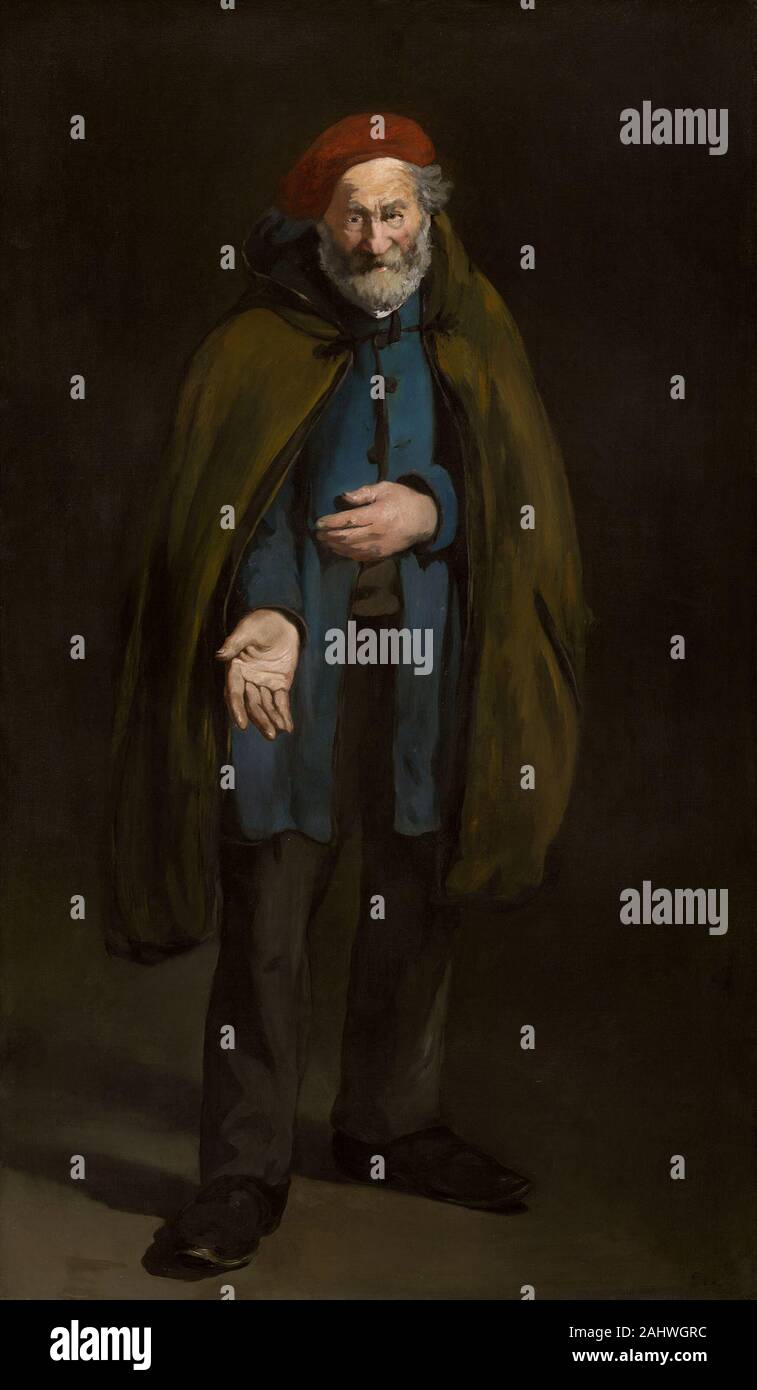 Édouard Manet. Beggar con un Duffle Coat (filosofo). 1860-1870. La Francia. Olio su tela questo dipinto e mendicante con ostriche sono stati probabilmente concepito come compagno di pezzi. Édouard Manet esposti insieme nel 1872, insieme con i dipinti di un bevitore di assenzio e un ragpicker, sotto il titolo collettivo di filosofi. I mendicanti di Parigi, anticonformista tipi sotto la minaccia del governo volti a portarli fuori della città, tenuto un particolare fascino per il realista artisti e scrittori. Impostando il suo grandi figure contro il vuoto, sfondi scuri, Manet aggiunto al loro ritratto Foto Stock