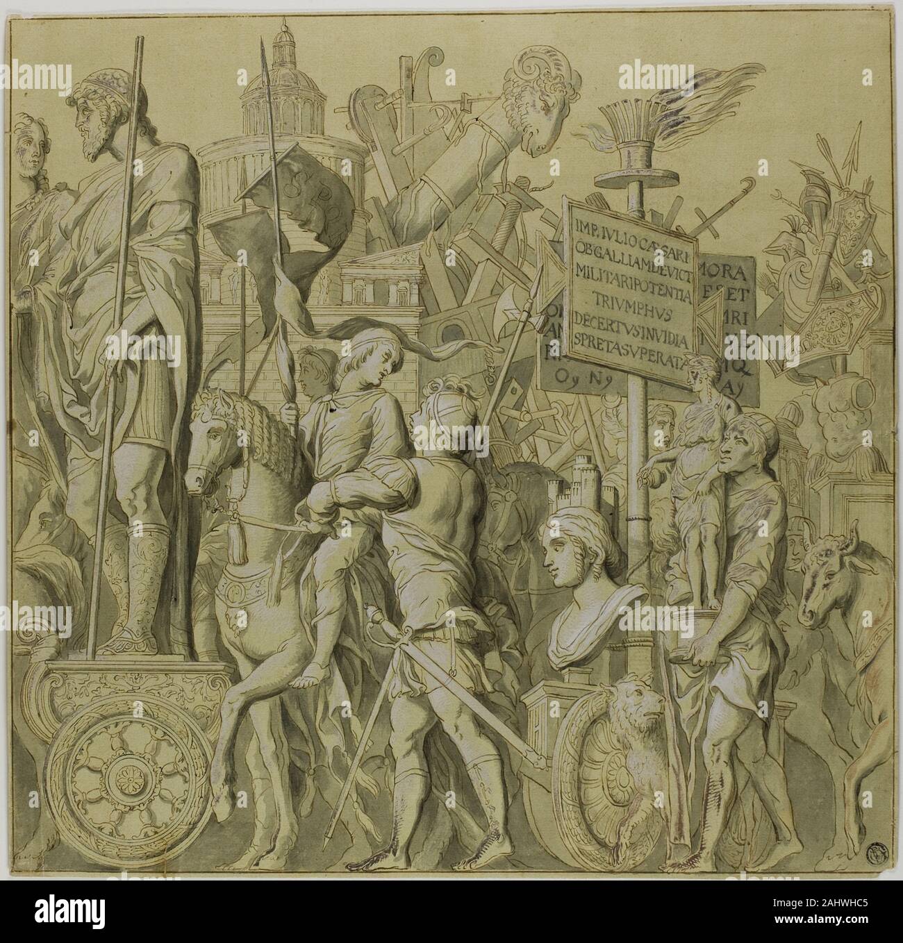 Andrea Mantegna. Trionfi di Giulio Cesare tela n. II. 1700-1799. L'Italia. Penna e inchiostro bruno, con spazzola e grey wash, intensificato con filo bianco (ossidato), la crema di cui carta preparata con lavaggio giallo Foto Stock