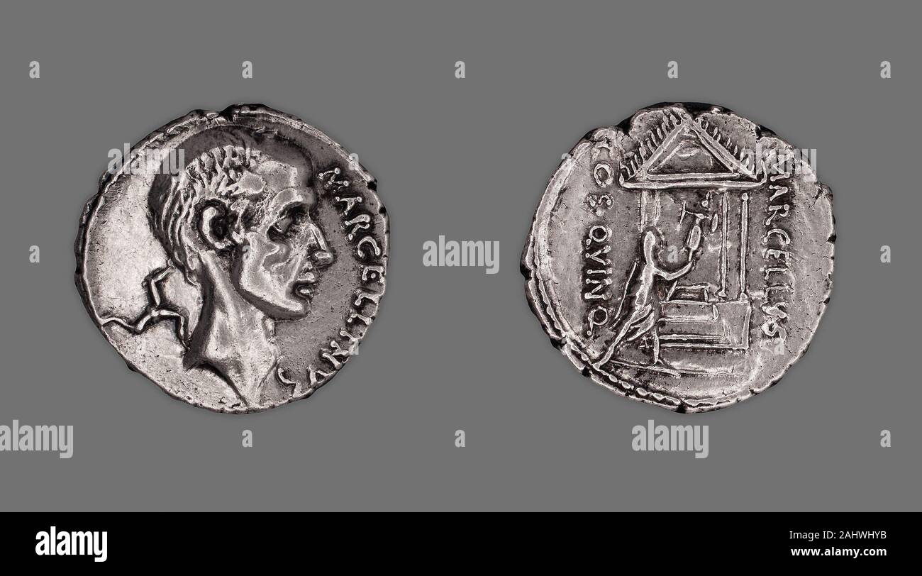Antico romano. Denario (moneta) raffigurante Marco Claudio Marcello. 50  BC-49 BC. Roma. Argento Lo scopo del primo ritratto delle monete in euro è  stato quello di identificare il righello. Il lato anteriore