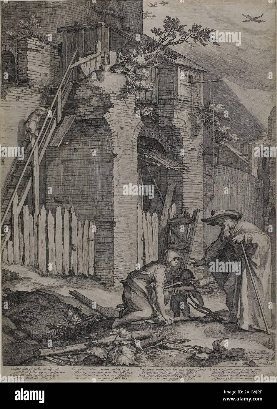 Saenredam gen. Il profeta Elie arrivando a casa di Sareptas' vedova. 1604. Holland. Incisione su carta Foto Stock
