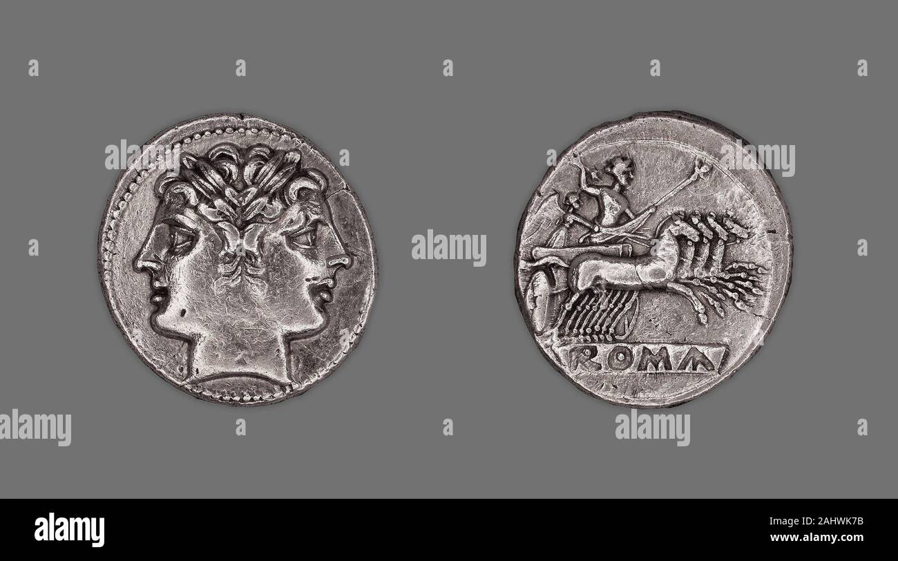 Antico romano. Didrachm (moneta) raffigurante il Dioscuri (o di Castore e Polluce). 225 BC-214 BC. Capua. Argento Foto Stock