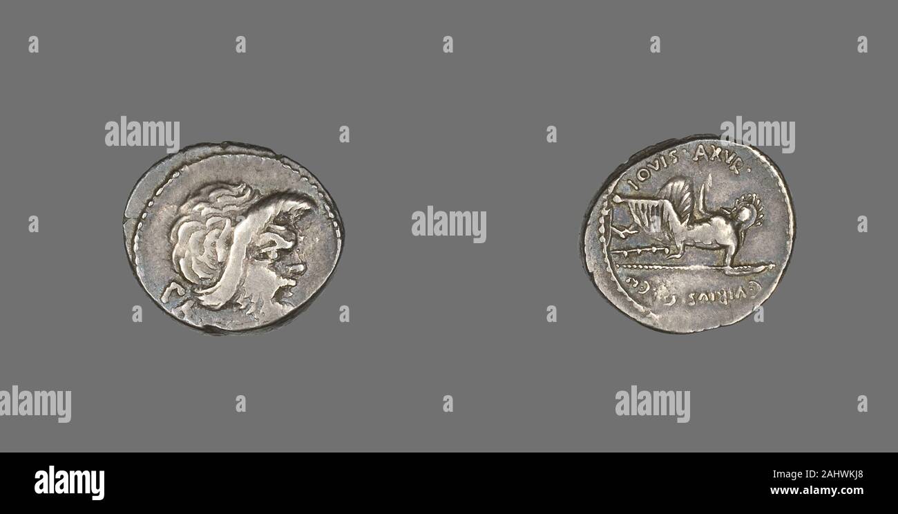 Antico romano. Denario (moneta) raffigurante la maschera di Pan. 48 BC. L'Italia. Argento Foto Stock