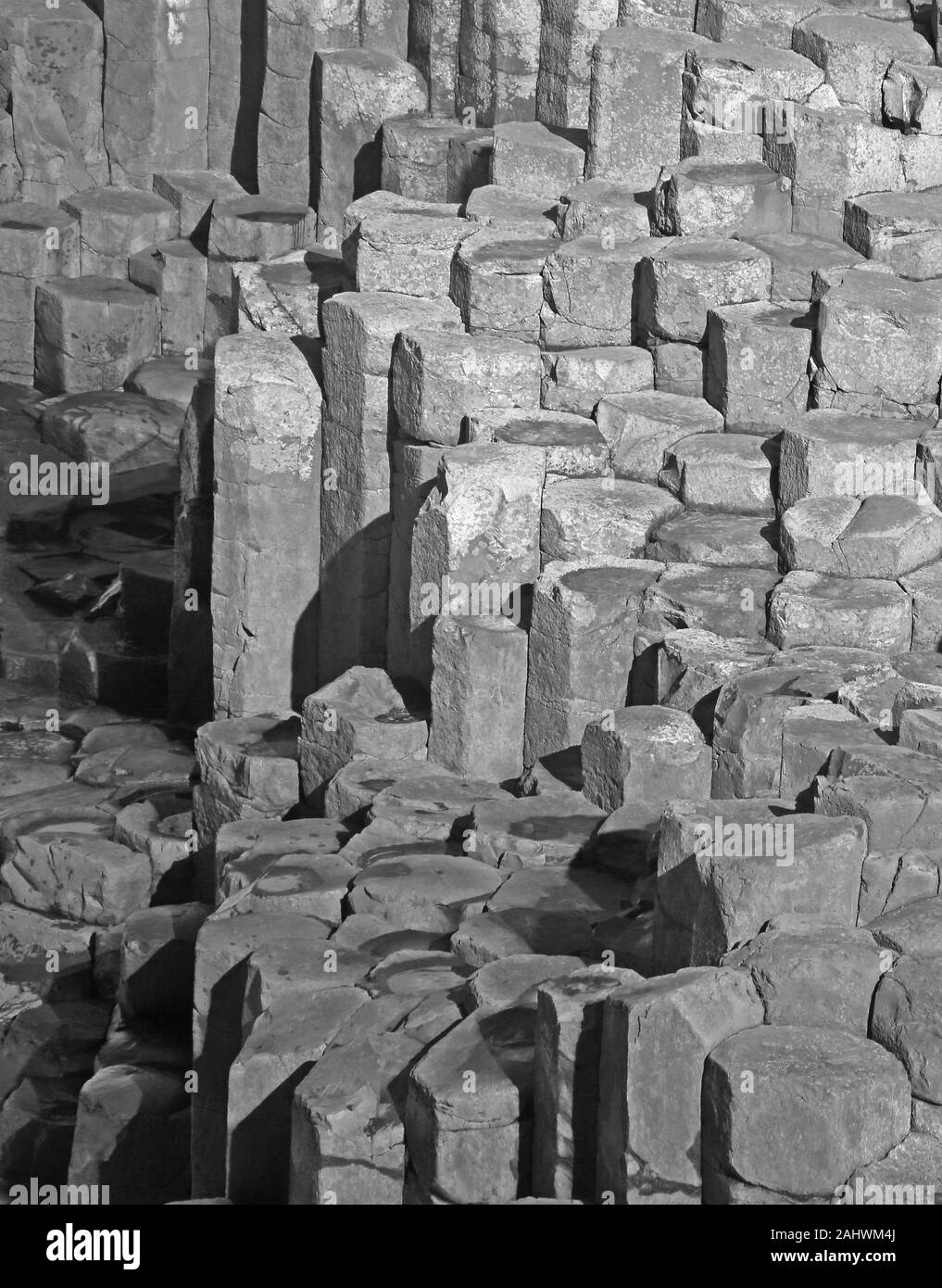 Massicce colonne di basalto e pietre miliari della Giant's Causeway in bianco e nero, nella contea di Antrim, Irlanda del Nord, Regno Unito. Foto Stock