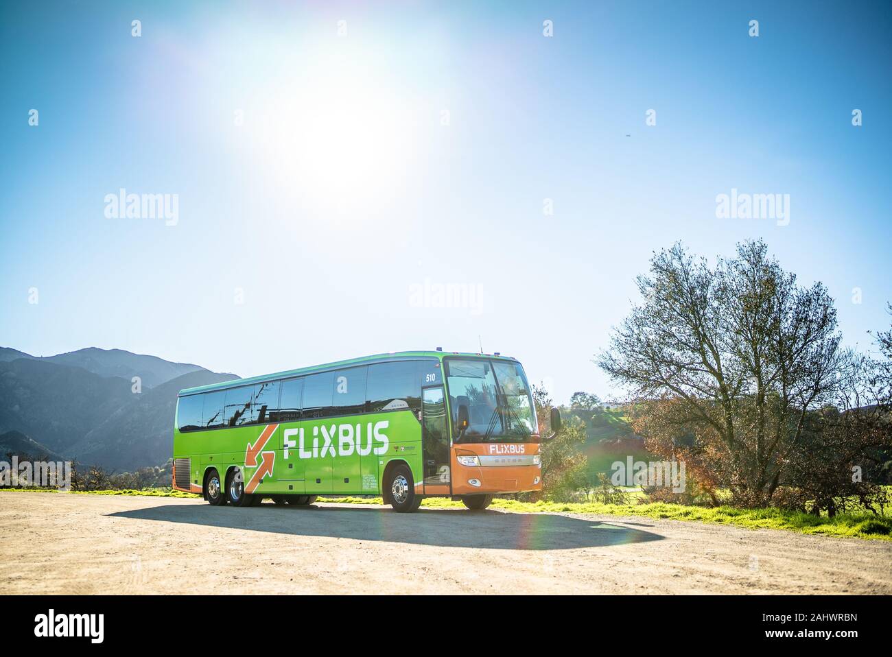 FlixBus verde autobus passeggeri, Los Angeles in California. Intercity bus di viaggio. Flix Bus. Foto Stock