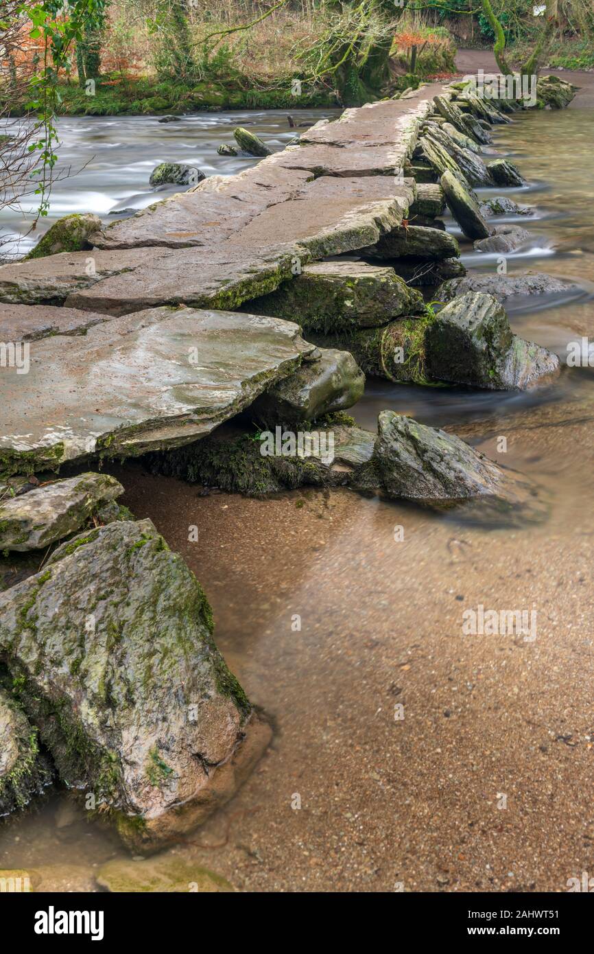 La Tarr passi è un battaglio ponte che attraversa il fiume Barle nel Parco Nazionale di Exmoor, Somerset, Inghilterra. Foto Stock