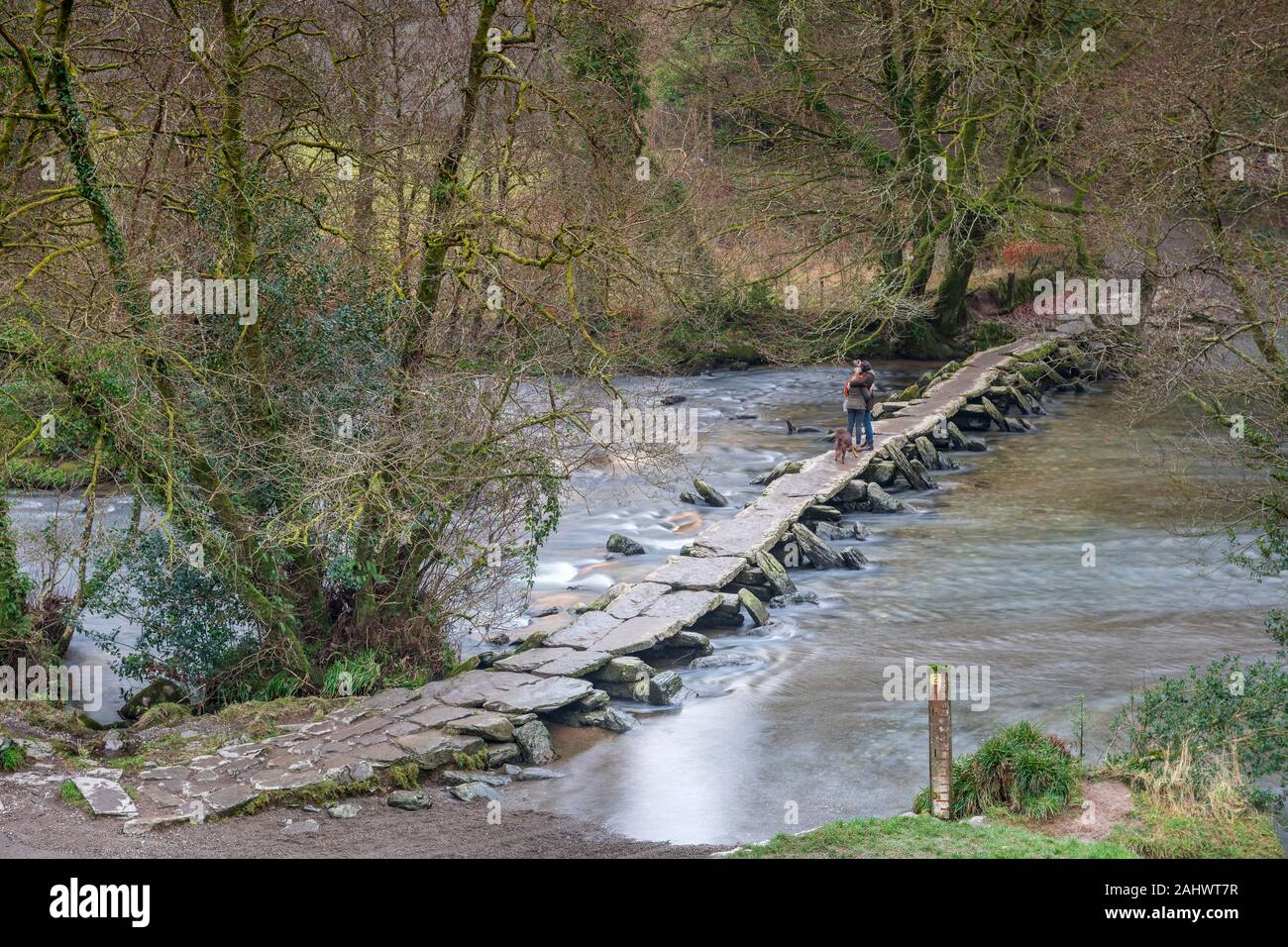 La Tarr passi è un battaglio ponte che attraversa il fiume Barle nel Parco Nazionale di Exmoor, Somerset, Inghilterra. Foto Stock