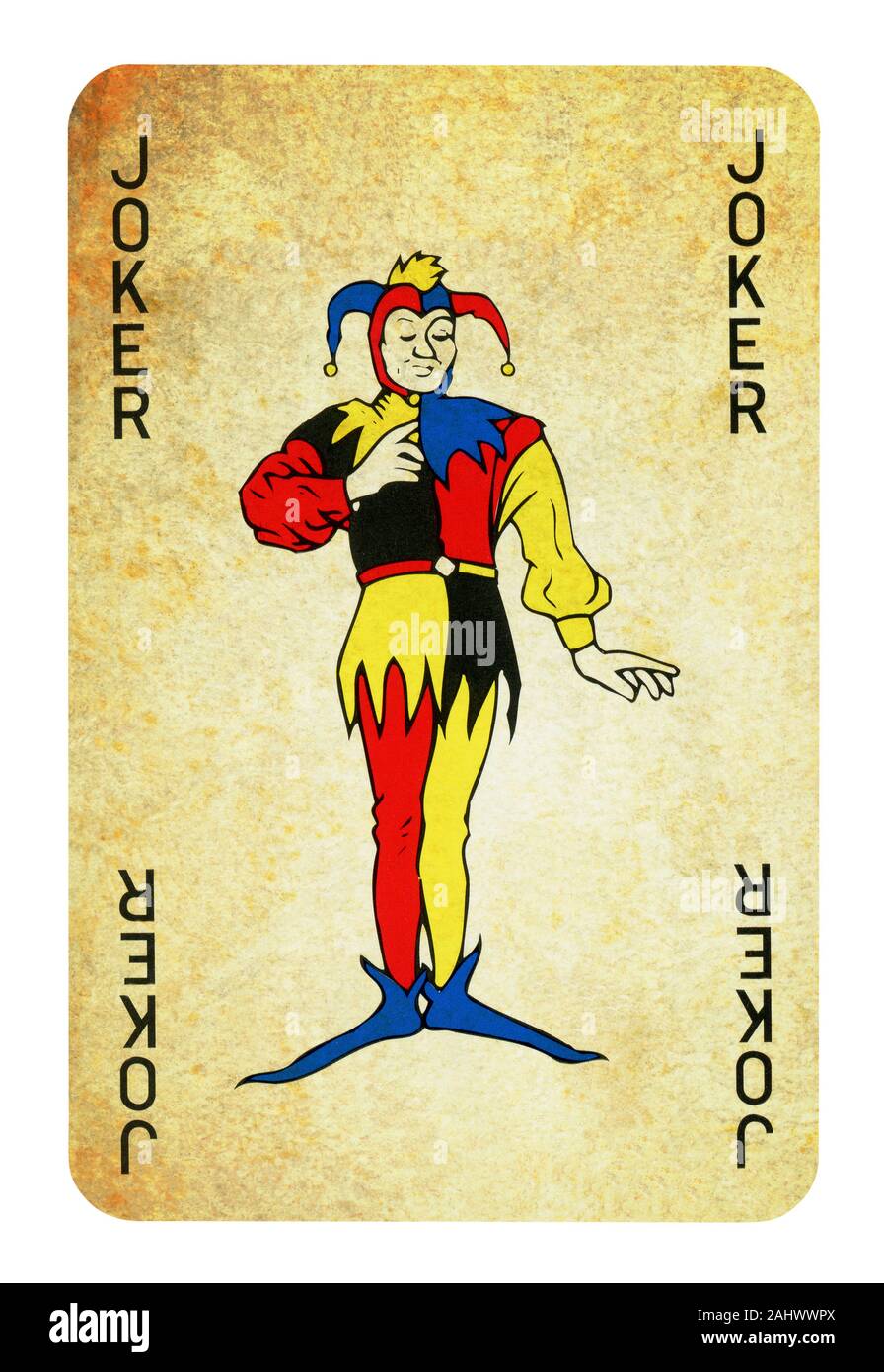 Joker Vintage carta da gioco - isolato su bianco (percorso di clipping incluso) Foto Stock