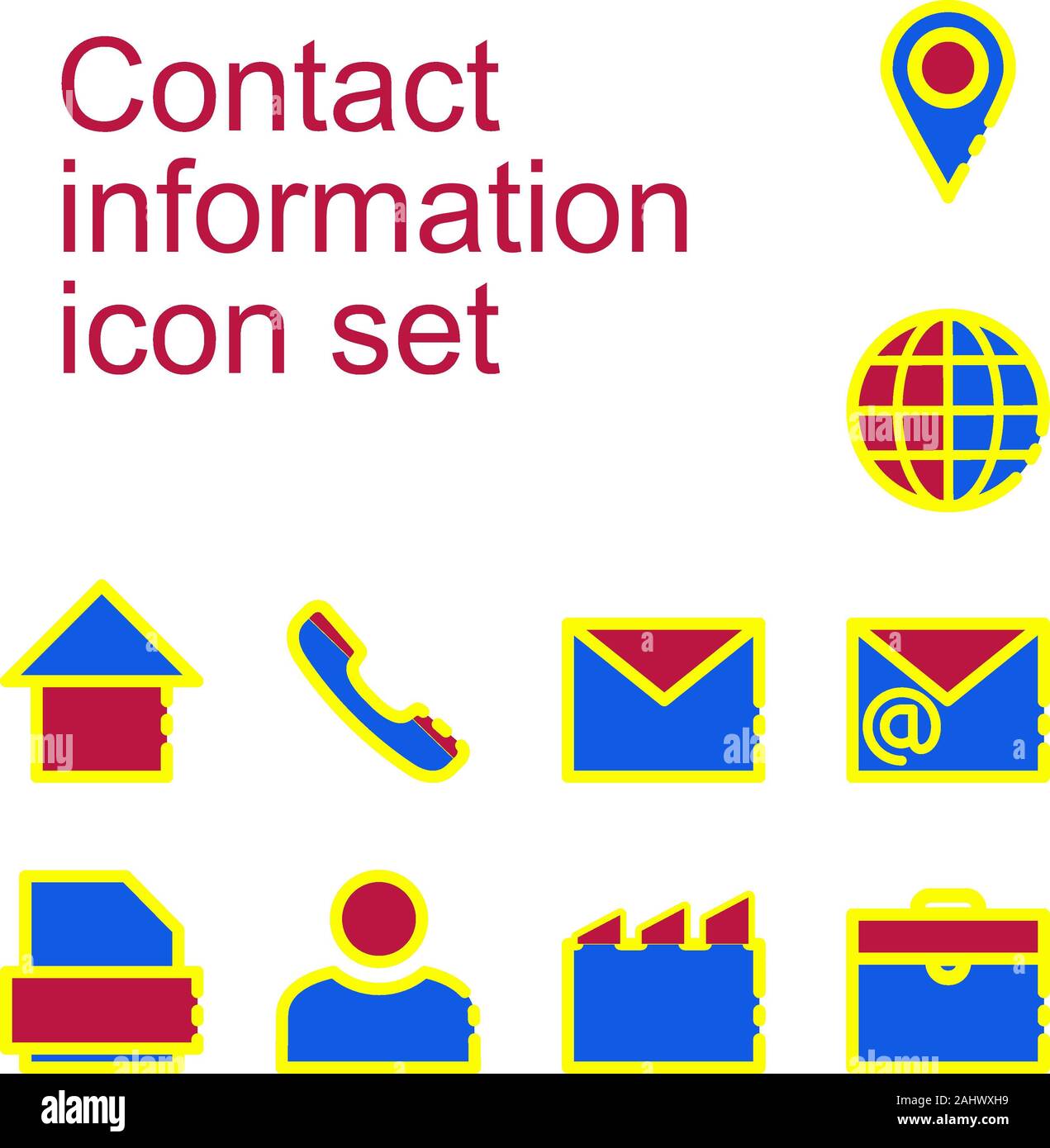 Un insieme di informazioni di contatto icone. Pulsanti icona vettore set. comunicazione collezione di simboli, disegni vettoriali. e-mail, indirizzo, home, utente, telefono, tel Foto Stock
