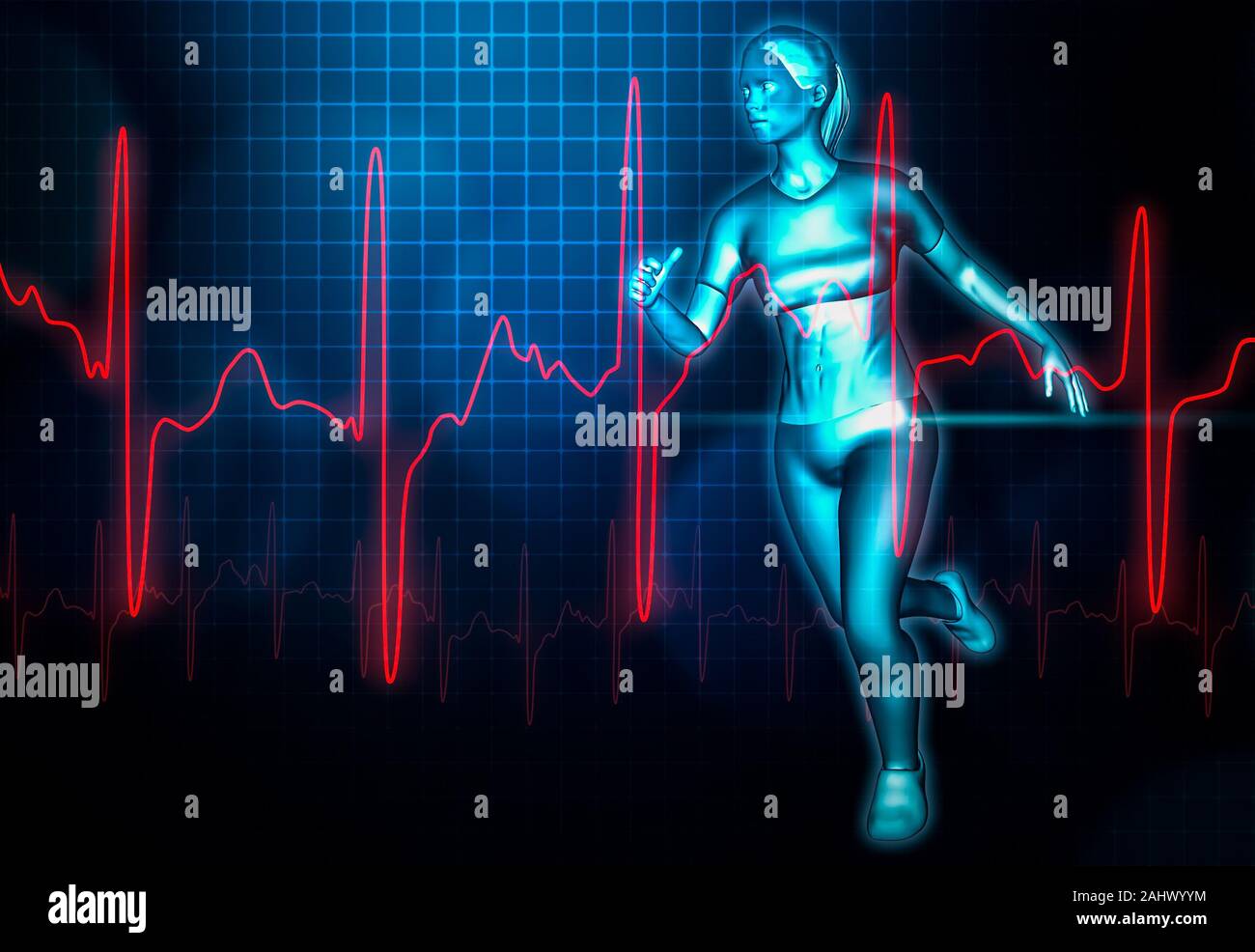 Esecuzione femmina e heartbeat elettrocardiogramma (ECG o EKG curve 3D rendering illustrazione. Sport, sanitario, medico, salute, scienza, wellness, sforzo c Foto Stock