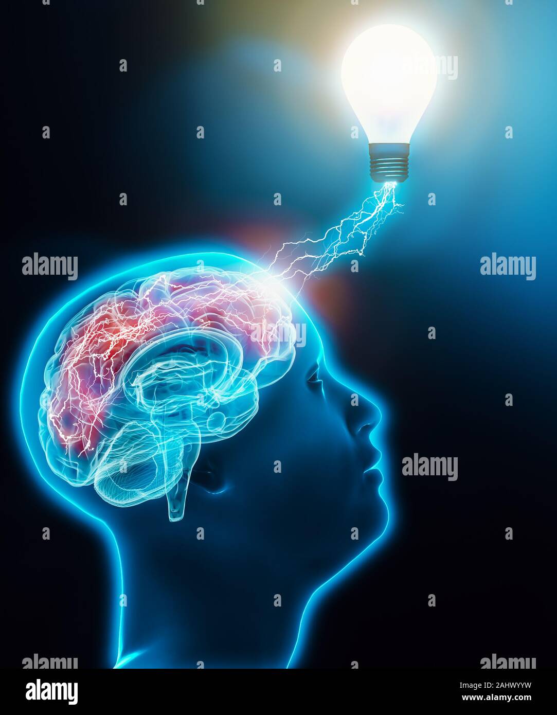 Maschio umano profilo testa cercando con il cervello collegato ad una lampadina elettrica con i fulmini. Attività cerebrale, intelligenza e immaginazione, idea, neuroscienze, Foto Stock
