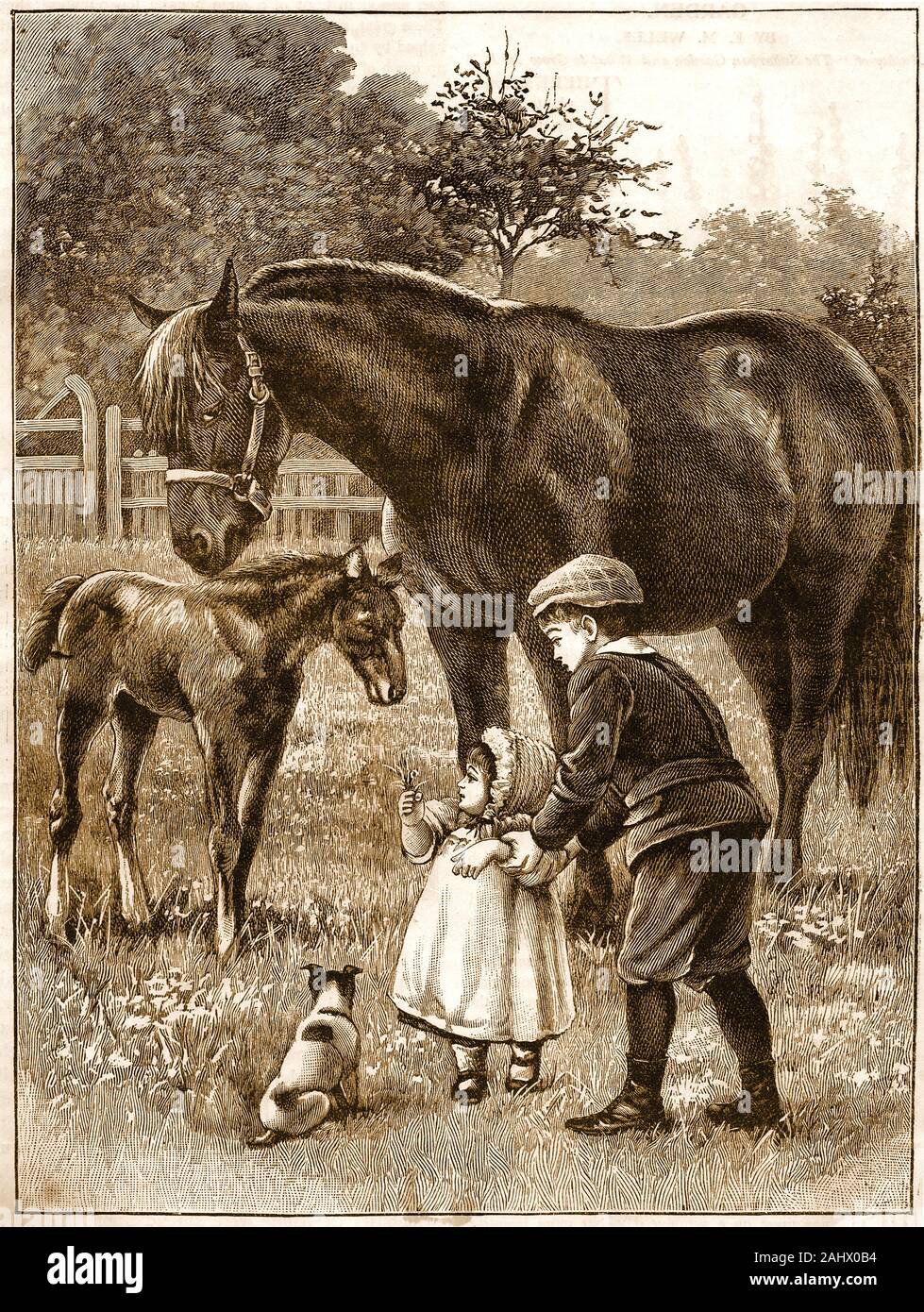 Una illustrazione in stile vittoriano che mostra i bambini, un cane e cavallo nella campagna britannica Foto Stock