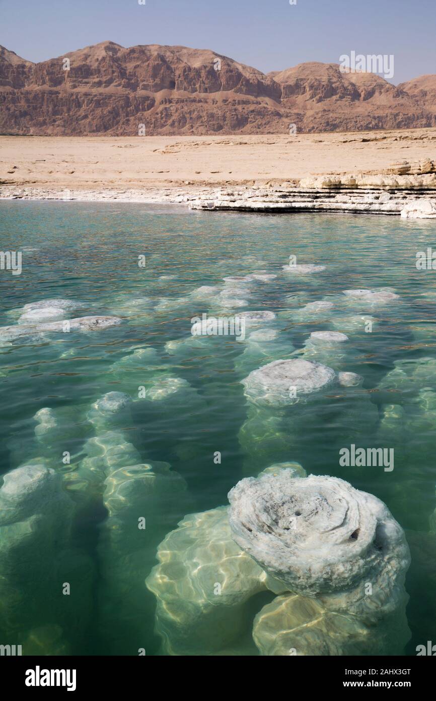 I camini di sale formano dove l'acqua fresca fluisce nel Mar Morto e sono esposti come i livelli dell'acqua cadono. Il mare ha l'altitudine più bassa sulla terra. Foto Stock