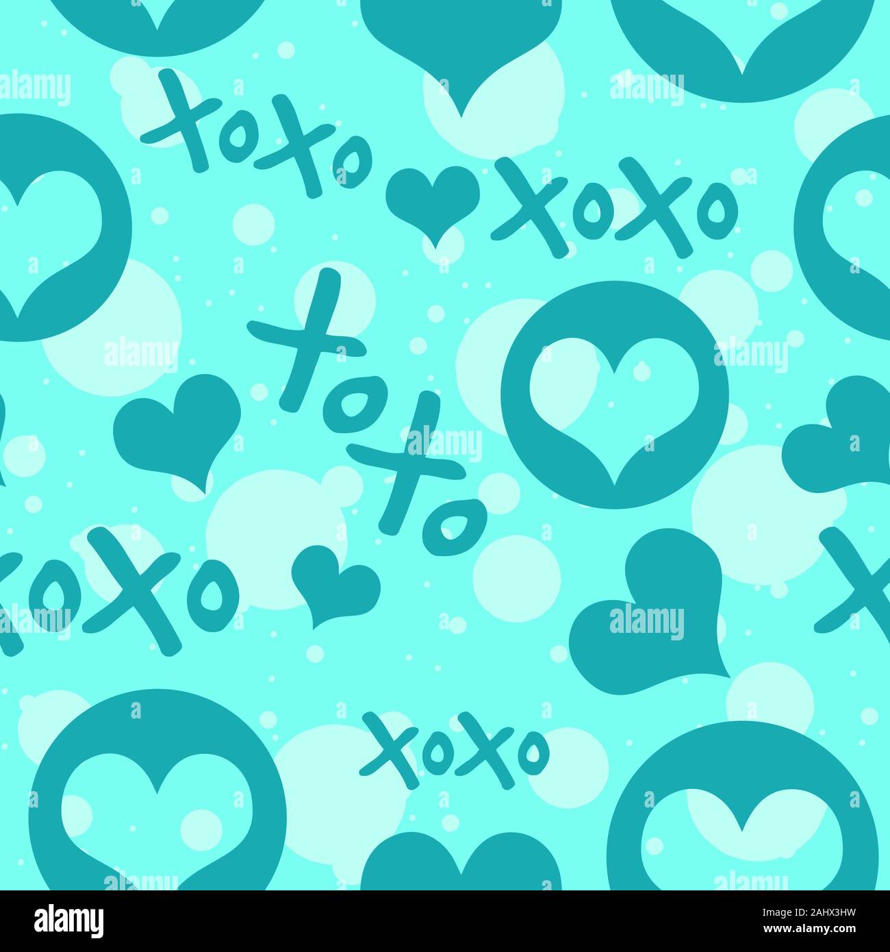 Cuore blu e testo Xoxo con cerchi, seamless pattern. Sfondo ripetitiva per il giorno di San Valentino. Illustrazione Vettoriale