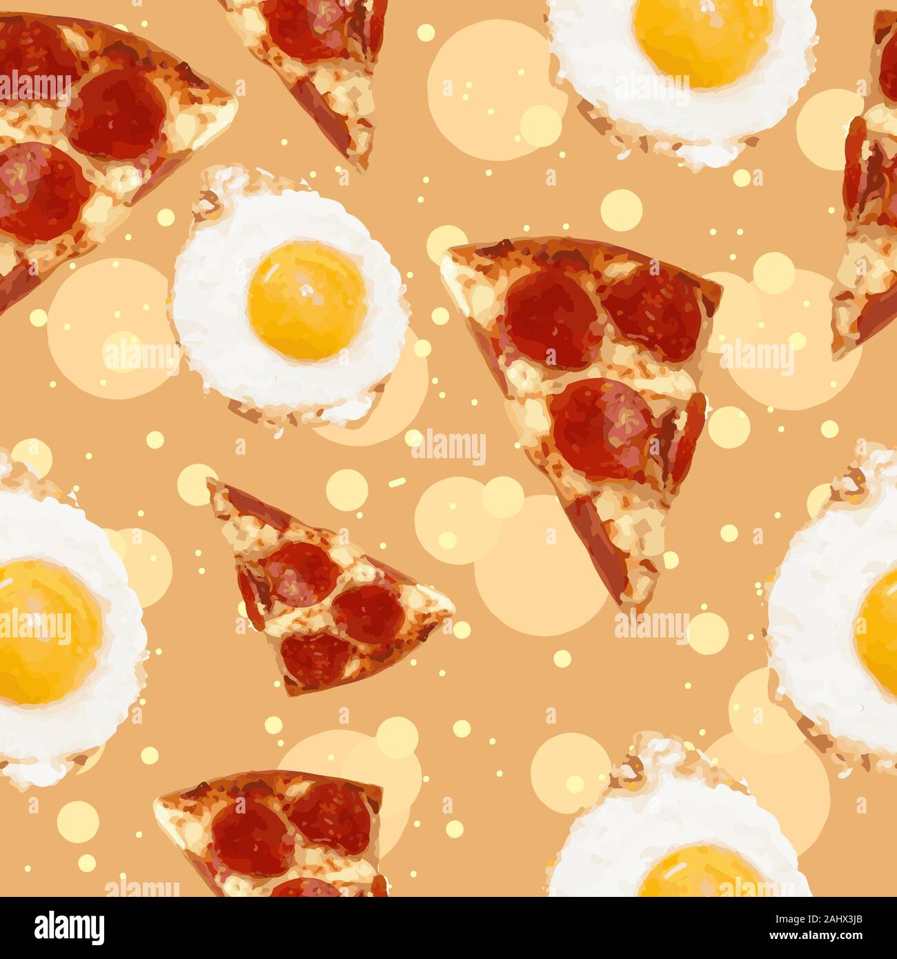 Fette di pizza con salsiccia per pizza, formaggio e uova fritte, fast food seamless pattern. Colazione pasto oleoso sfondo ripetitivo. Illustrazione Vettoriale