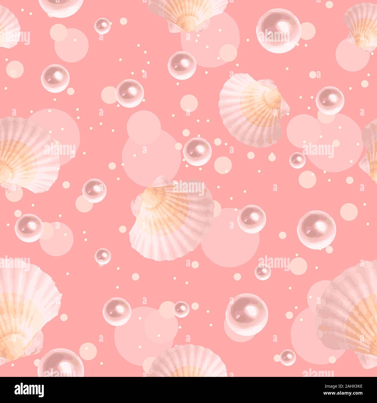 Conchiglie e perle su un pastello seamless pattern con cerchi di colore rosa e bolle. Sfondo ripetitivi con acqua la vita marina Illustrazione Vettoriale