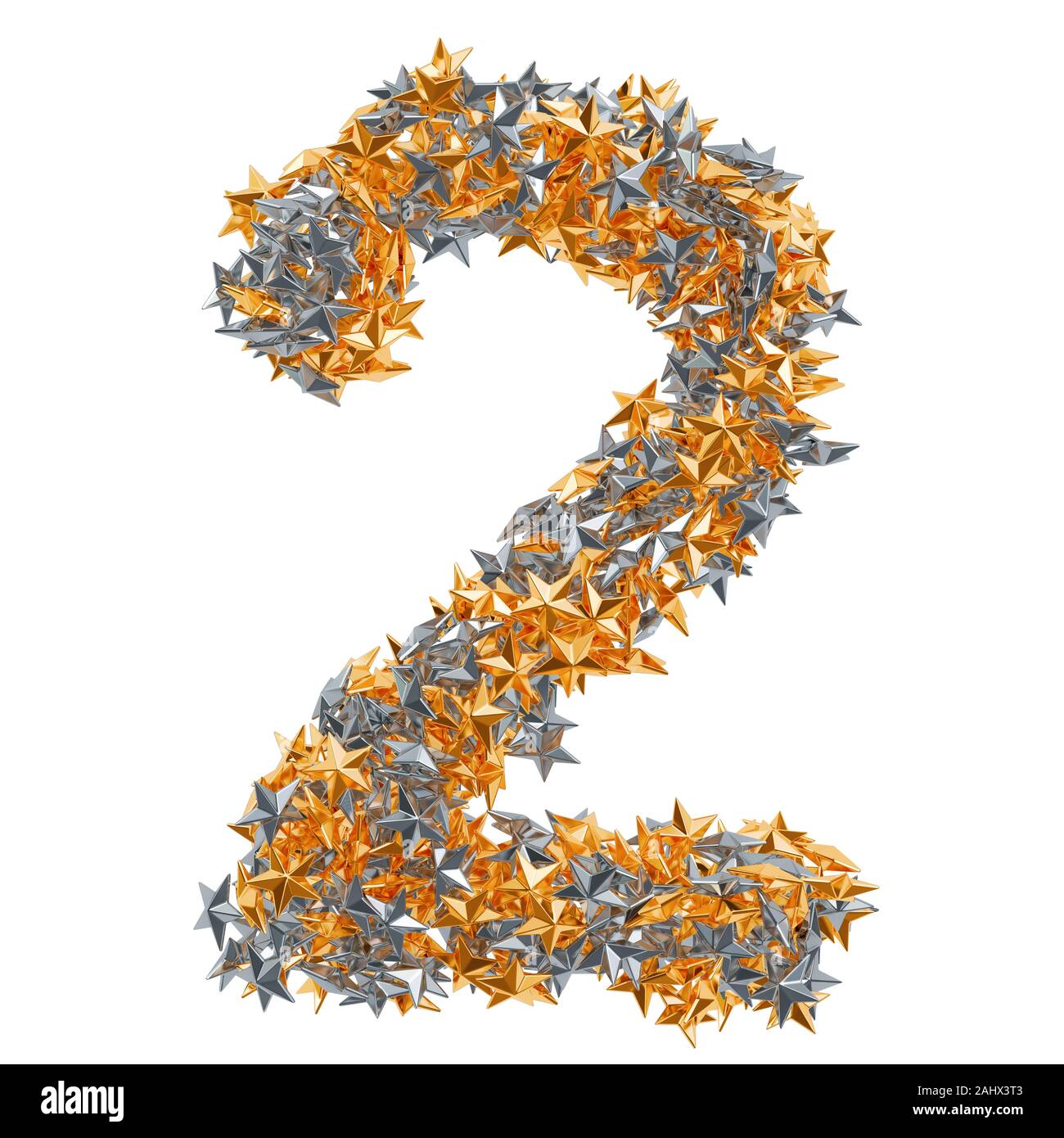 Numero 2 in oro e argento stelle, rendering 3D isolati su sfondo bianco Foto Stock