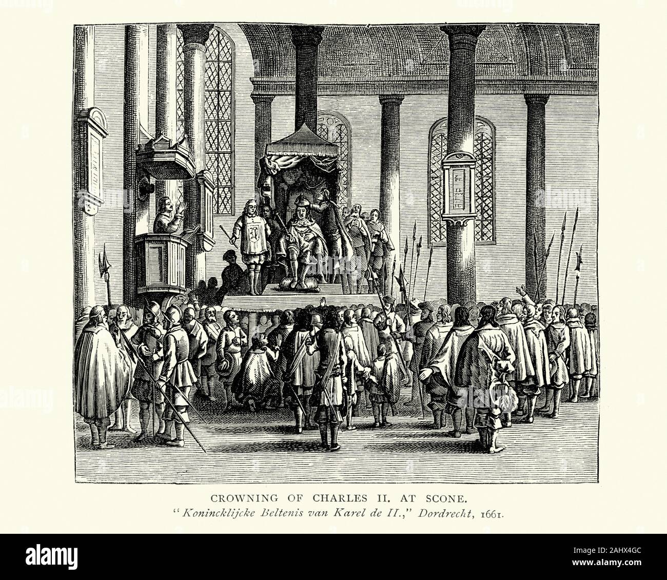 Royal incoronazione Incoronazione del Re Carlo II a Scone, xvii secolo Foto Stock