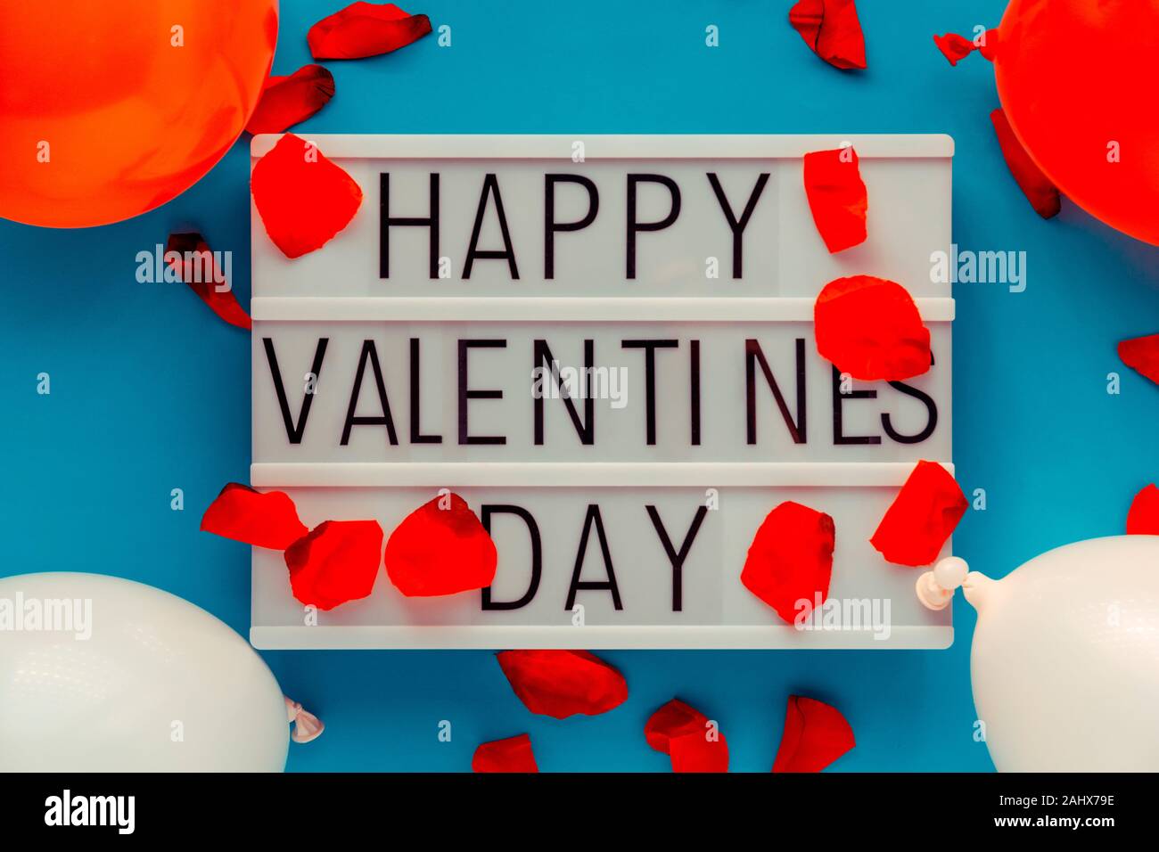 Happy Valentines Day lightbox messaggio rosso con petali di fiori e palloncini. L'immagine orizzontale. Vista dall'alto. Foto Stock