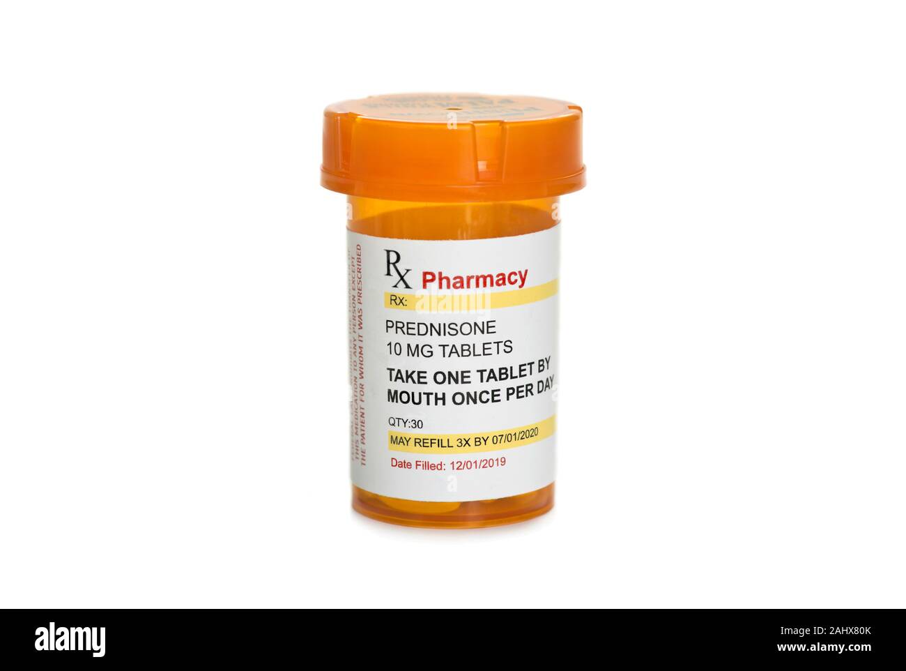 Generic Prednisone prescrizione steroidi contenitore isolato su bianco. Foto Stock