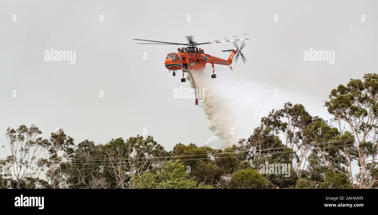 Erickson Air Crane elicottero Sikorsky S-64) N243AC cadere un grande carico di acqua su un bushfire a sostegno della lotta antincendio sforzi dagli equipaggi di th Foto Stock