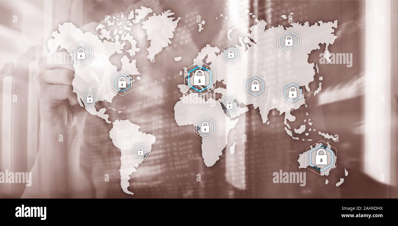 Global cyber security concetto di privacy di comunicazione server protezione dati sullo sfondo della camera. Foto Stock