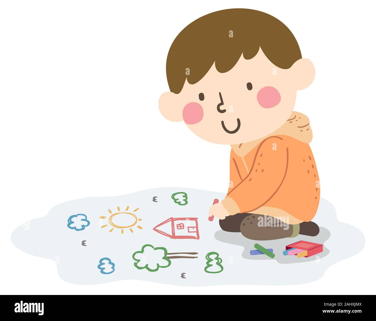 Illustrazione di un ragazzo di capretto disegno sul pavimento utilizzando i gessi in diversi colori Foto Stock
