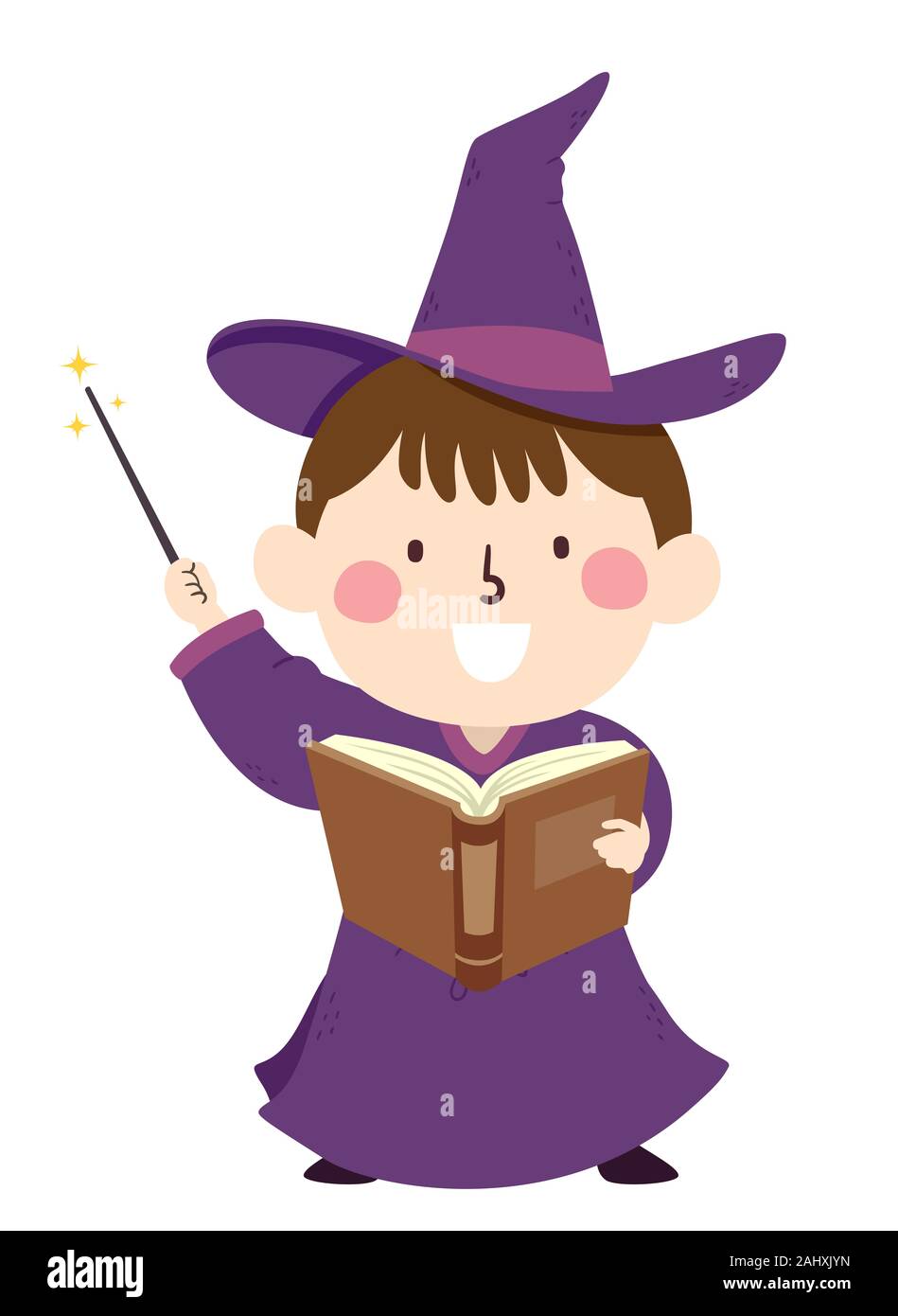 Illustrazione di un bambino ragazzo mago tenendo una bacchetta e un libro di incantesimi Foto Stock