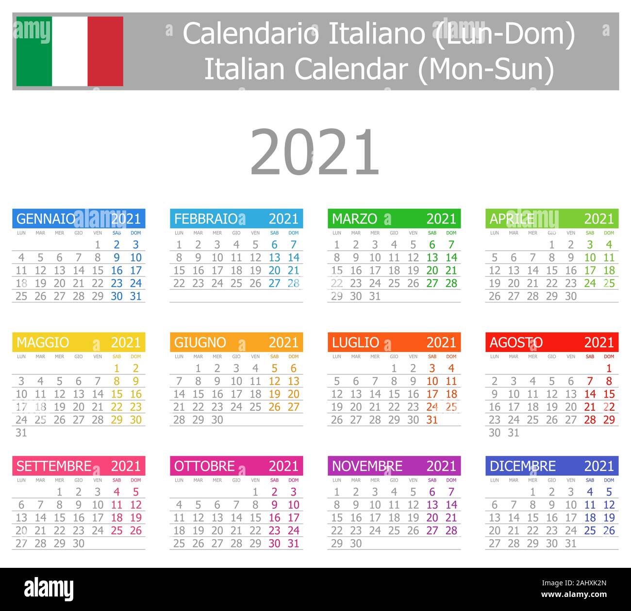 2021 Italiano Tipo-1 Calendario Lun-dom su sfondo bianco Illustrazione Vettoriale