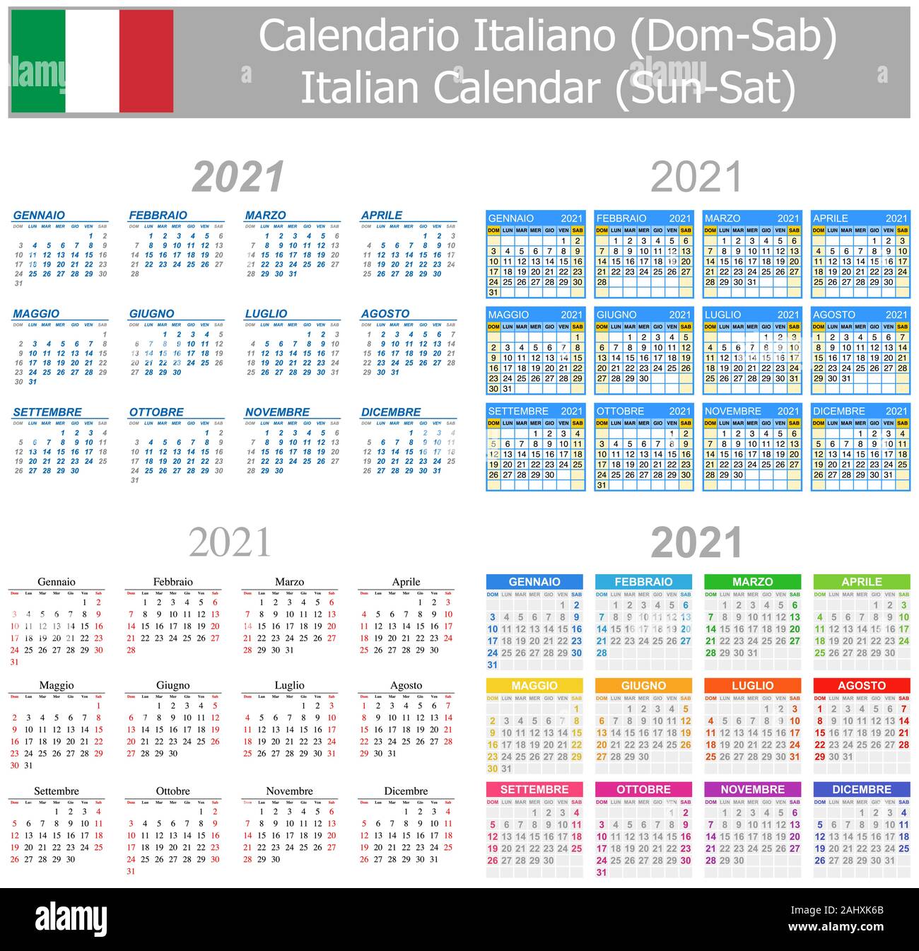2021 Italiano calendario Mix Sun-Sat su sfondo bianco Illustrazione Vettoriale