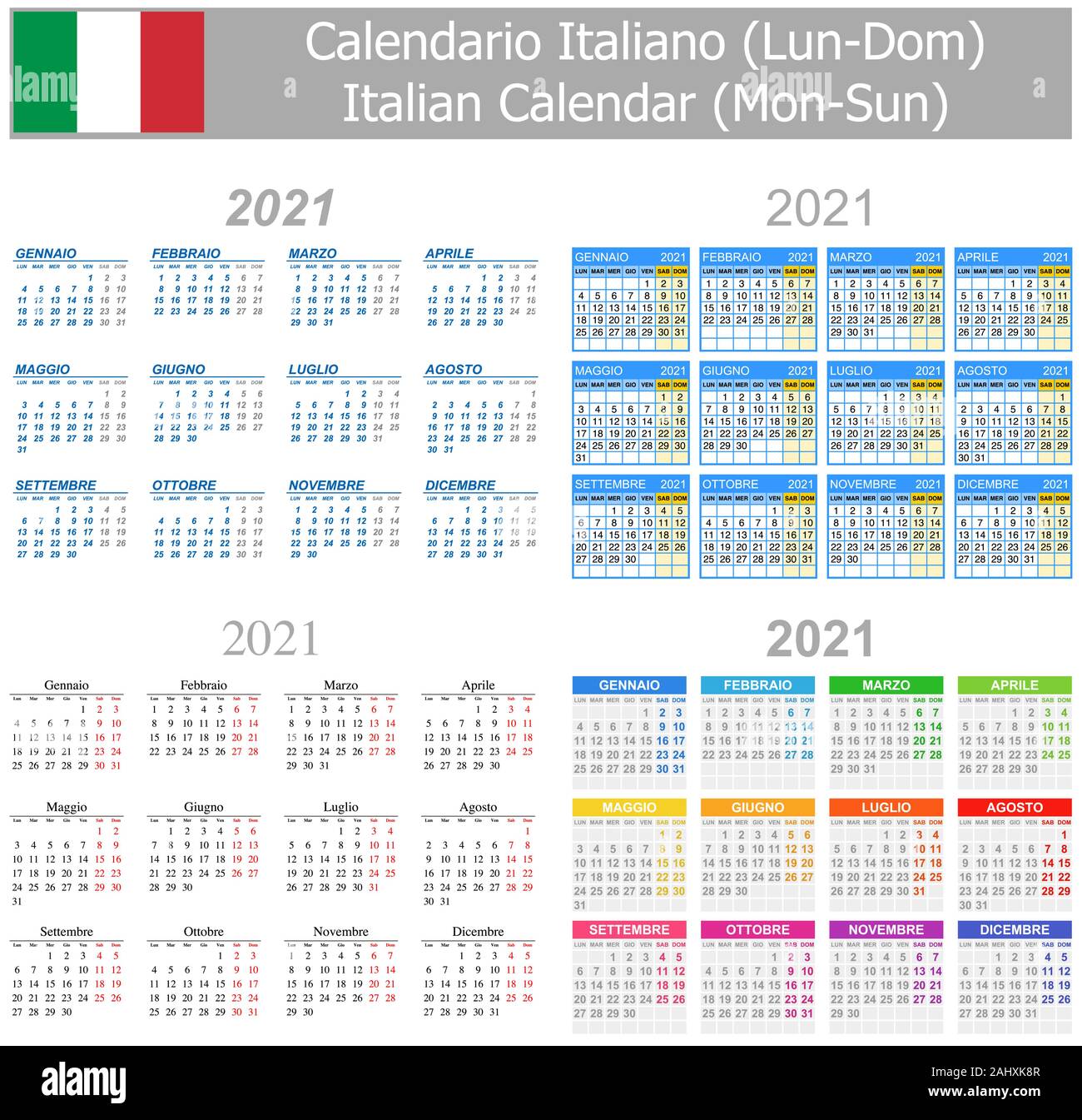 2021 Italiano calendario Mix Lun-dom su sfondo bianco Illustrazione Vettoriale