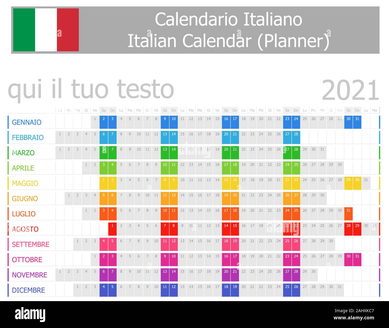 2021 Pianificatore Italiano calendario con mesi orizzontali su sfondo bianco Illustrazione Vettoriale