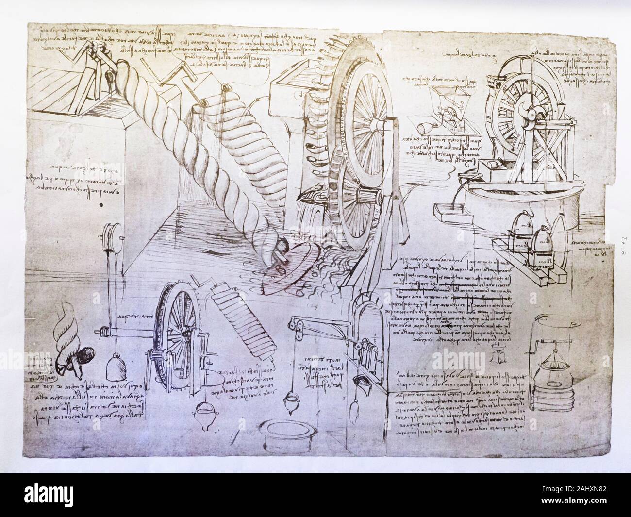 Disegno della vite di Archimede e ruote idrauliche di Leonardo da Vinci (1452-1519) c. 1480-82 Foto Stock