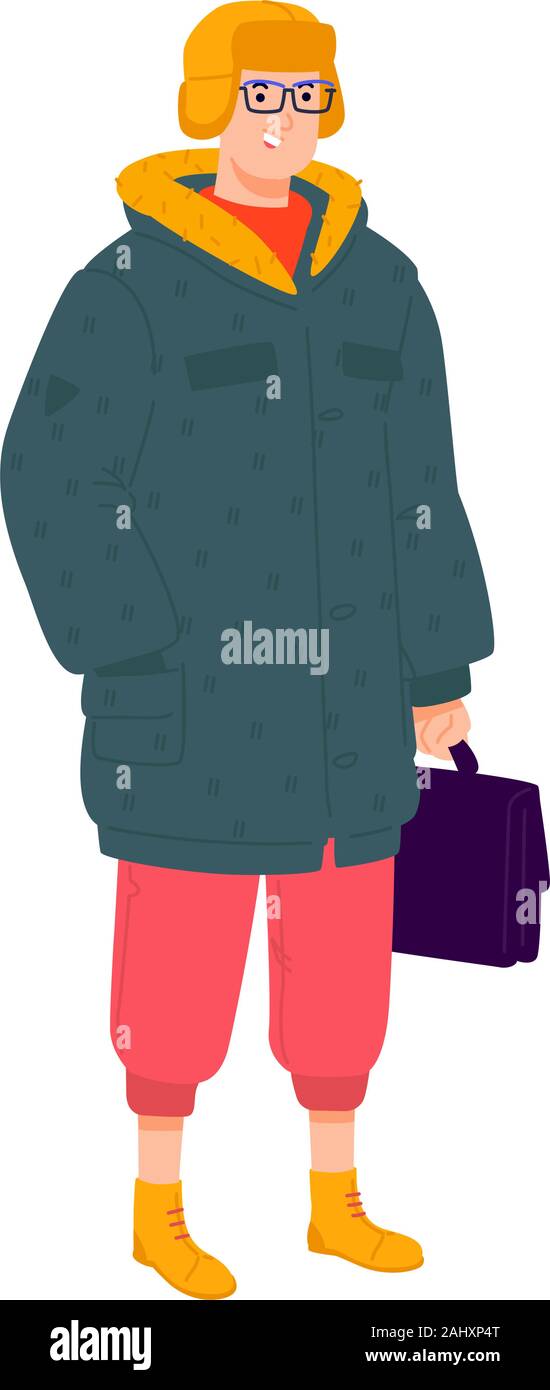 Illustrazione di un giovane uomo in abbigliamento invernale. Vettore. Tanga elegante in un down jacket con una valigetta. Moda ragazzo con gli occhiali e sneak verde Illustrazione Vettoriale