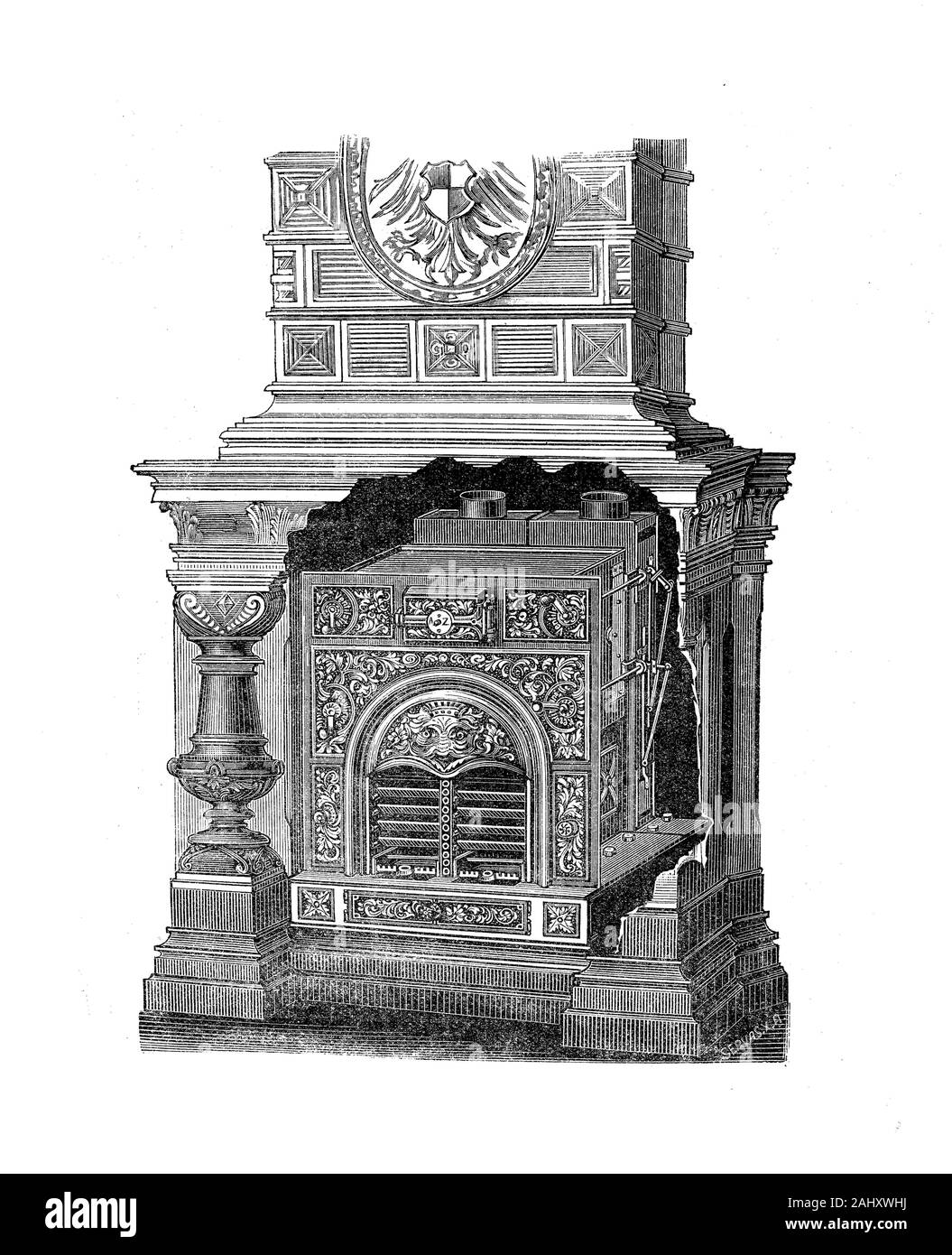 Apparecchio di casa: decorata stufa piastrellata con vista in sezione frontale interno di ghisa bruciatore del XIX secolo Foto Stock