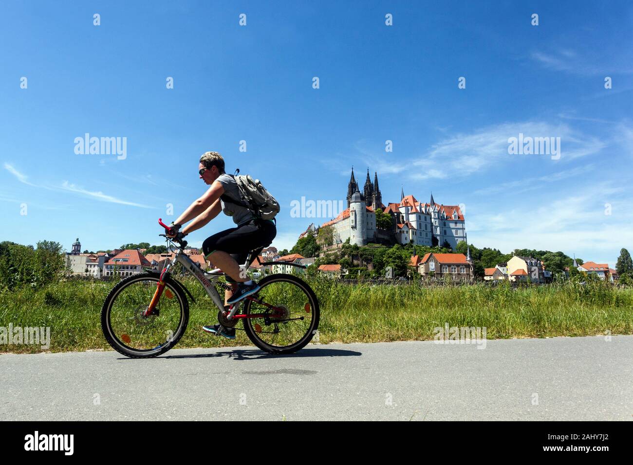 Donna su pista ciclabile lungo il fiume Elba Meissen Germania Sassonia Foto Stock
