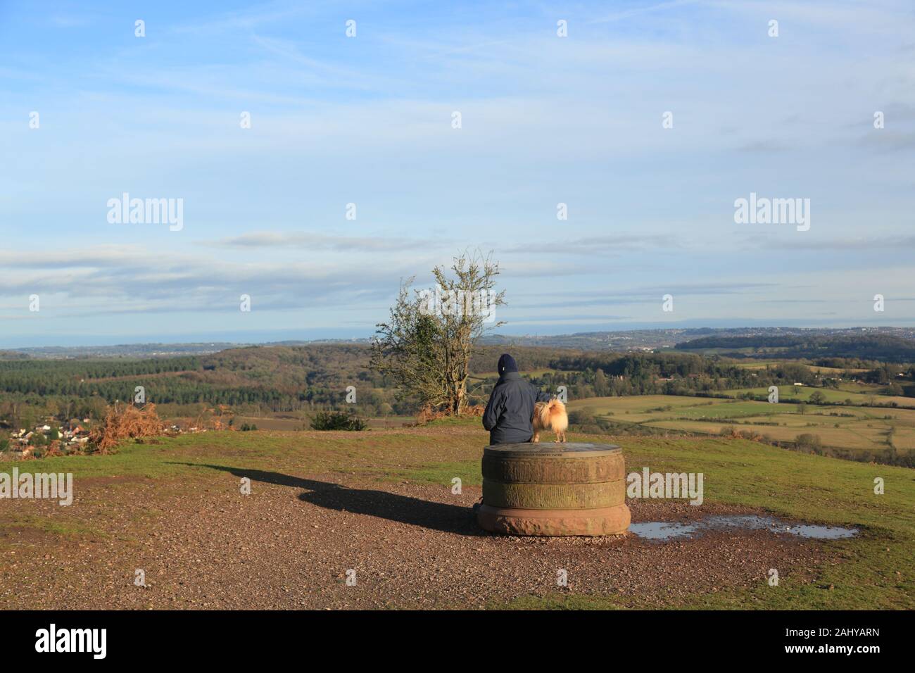 Walker e cane godendo la vista dal bordo Kinver, Staffordshire, Inghilterra, Regno Unito. Foto Stock