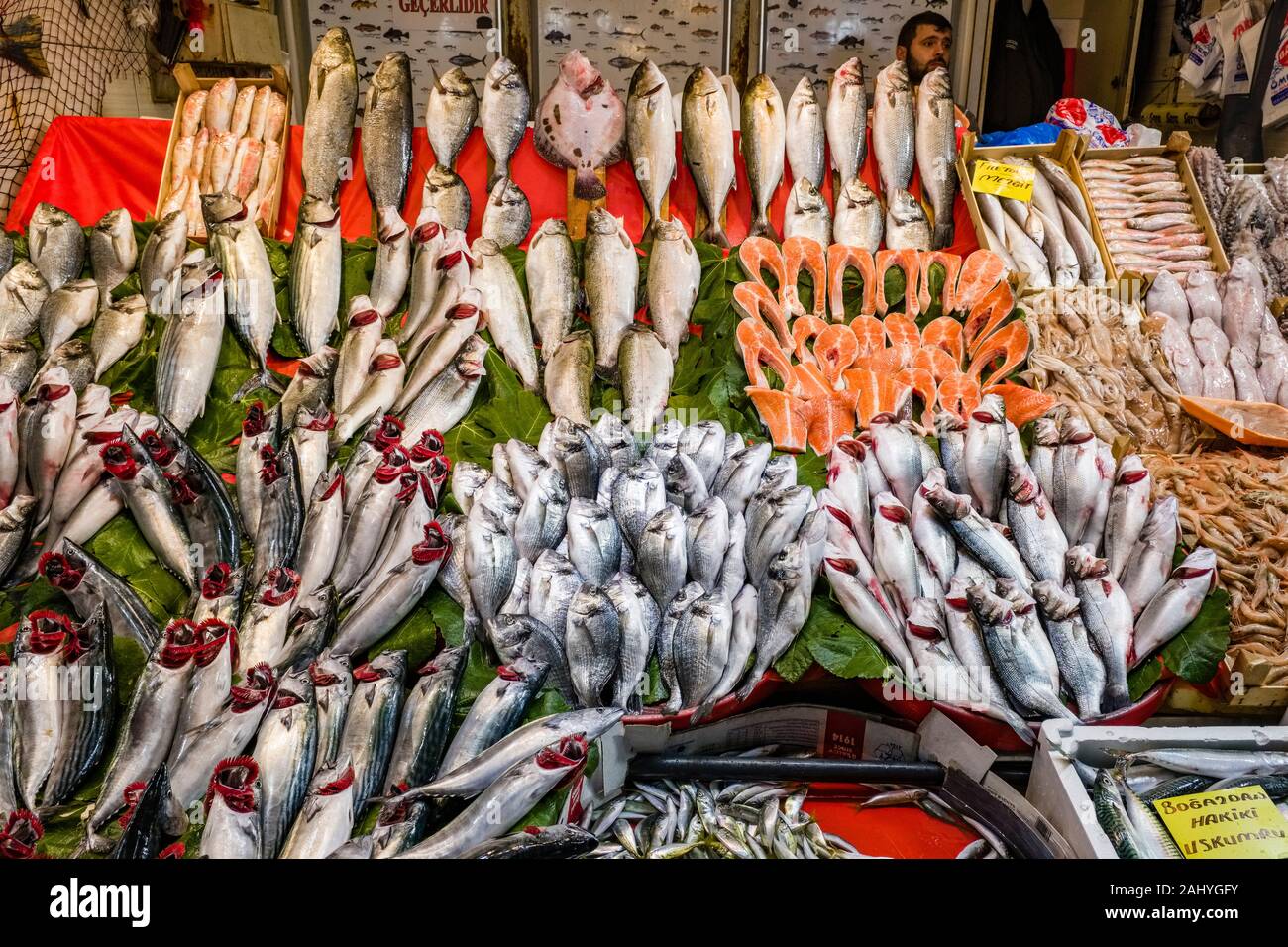 Grande varietà di pesci diversi sono offerti per la vendita nel mercato di strada nel sobborgo Kadıköy, situato sul lato asiatico della città Foto Stock