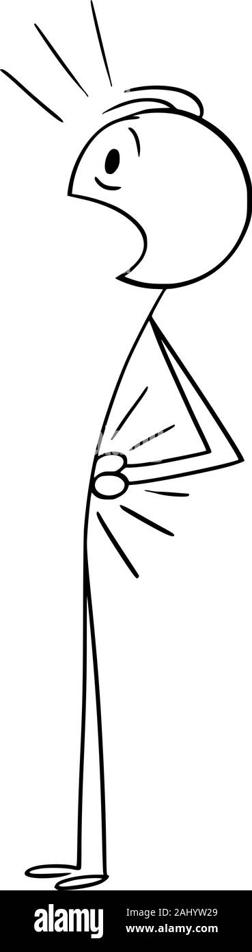 Vector cartoon stick figura disegno illustrazione concettuale dell uomo che soffre il dolore o mal di schiena e tenendo la sua schiena infortunata. Illustrazione Vettoriale