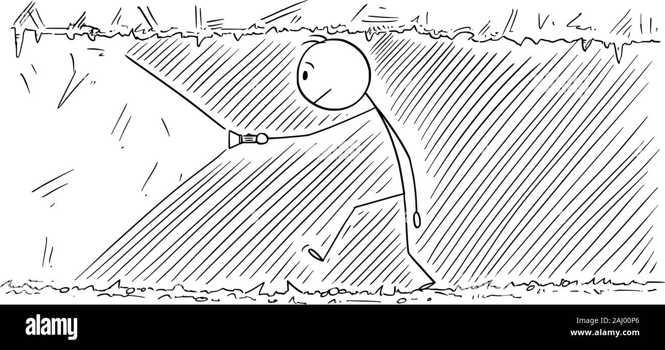 Vector cartoon stick figura disegno illustrazione concettuale dell uomo a camminare attraverso il buio del tunnel, cave o di miniera. Illustrazione Vettoriale