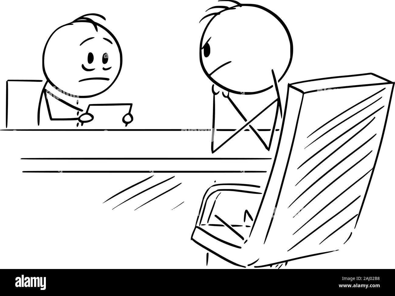 Vector cartoon stick figura disegno illustrazione concettuale dell'uomo sul colloquio di lavoro dipendente o rivolta verso il suo capo o un dipendente. Illustrazione Vettoriale