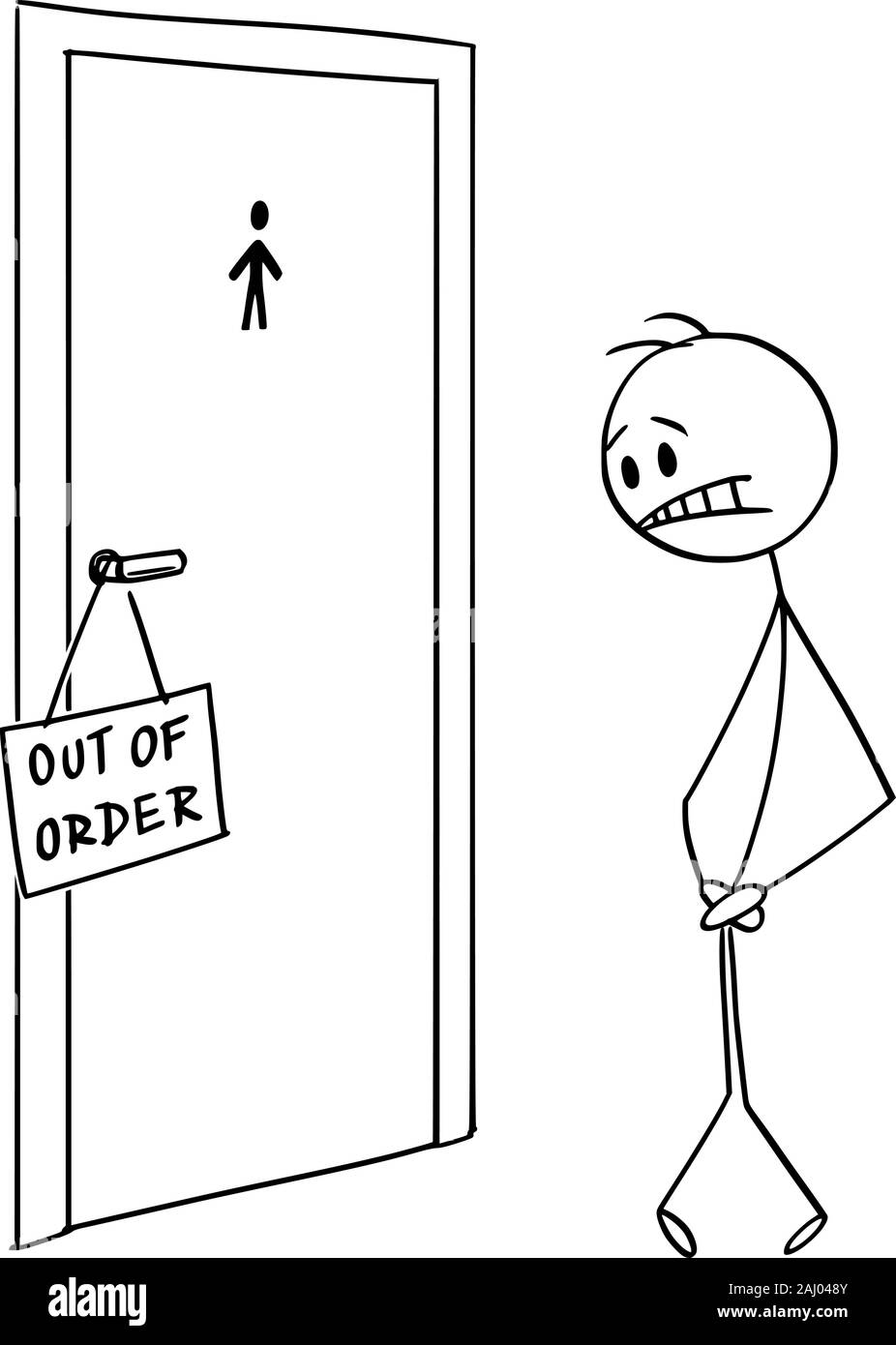 Vector cartoon stick figura disegno illustrazione concettuale di un uomo che ha bisogno di urinare, ma il bagno è al di fuori dell'ordine. Illustrazione Vettoriale
