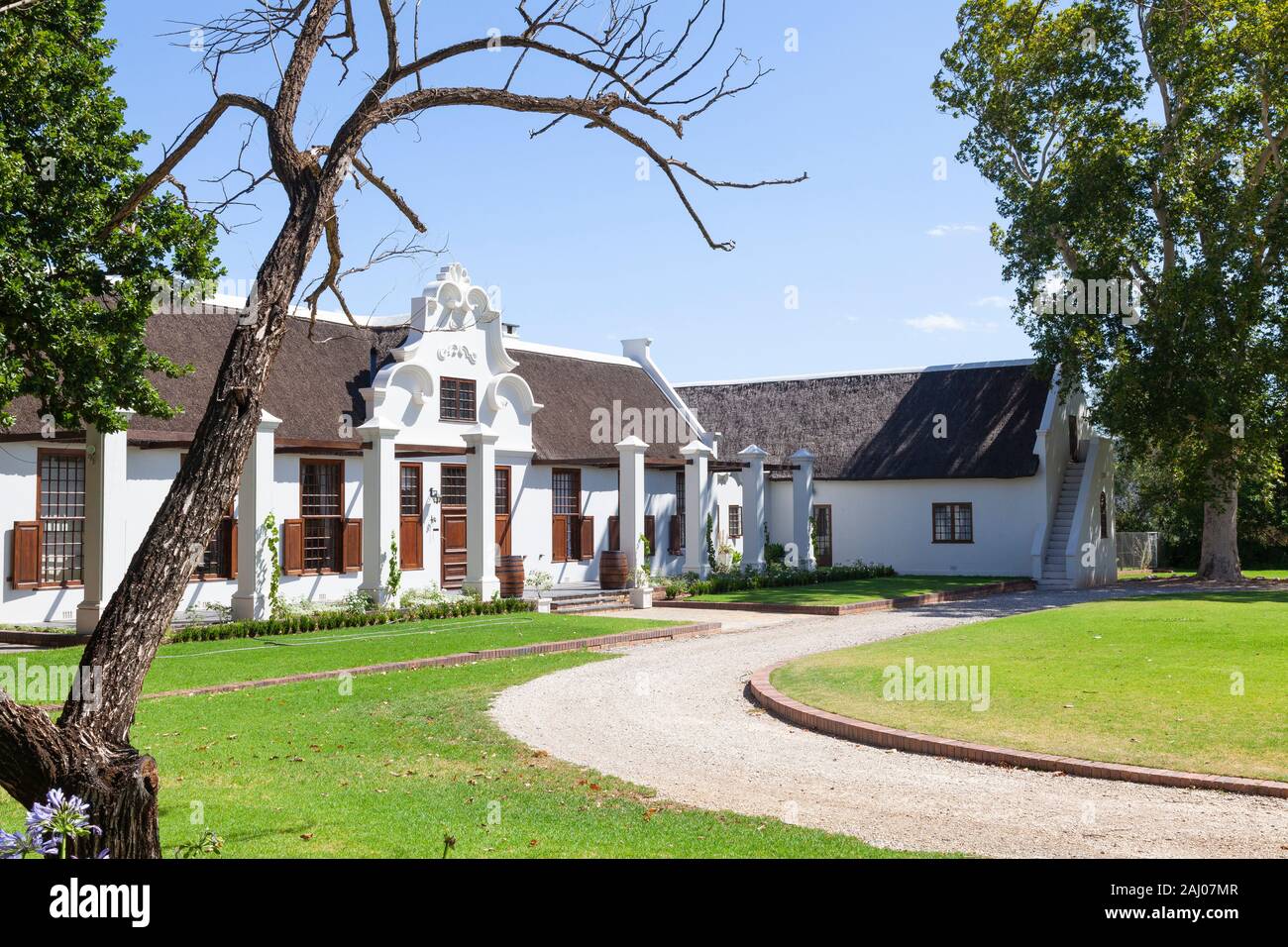 Zandvliet Wine Estate, Robertson Wine Valley, Ashton, Western Cape Winelands, R62, Sud Africa, storico Cape Dutch Homestead. Casa del Vino Shiraz Foto Stock