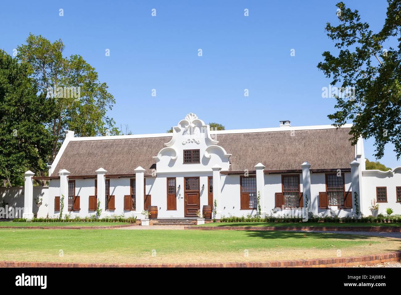 Zandvliet Wine Estate, Robertson Wine Valley, Ashton, Western Cape Winelands, R62, Sud Africa, storico Cape Dutch Homestead. Casa del Vino Shiraz Foto Stock