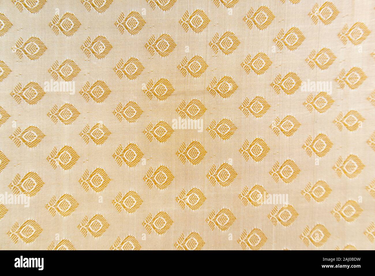 Maski, India - Ottobre 3,6 2019 - tradizionale seta indiana Saree pattern di confine con golden colori brillanti e design floreale. Foto Stock
