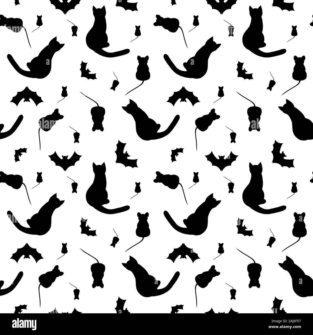 Modello senza soluzione di continuità con i gatti neri, mouse e pipistrelli su uno sfondo bianco. Foto Stock