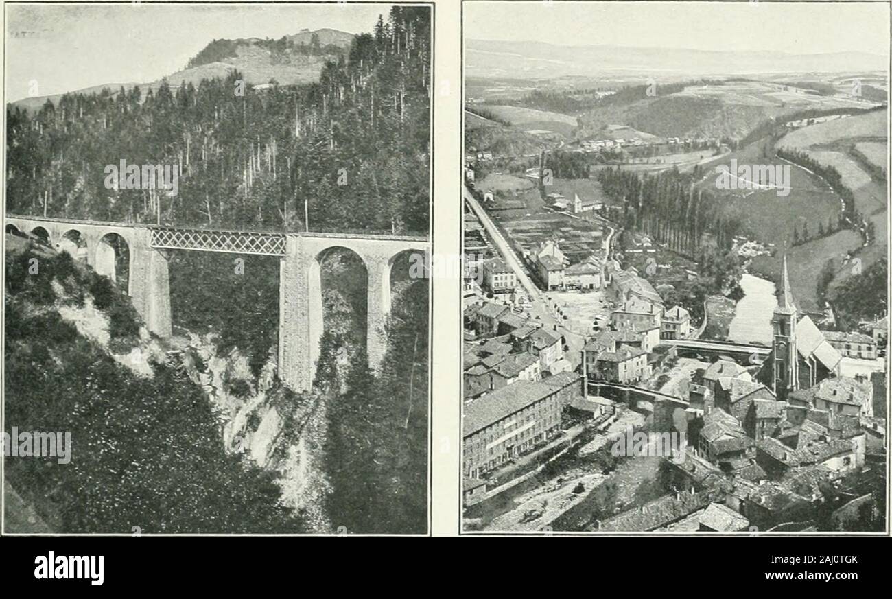 Album géographique: La Francia . Ml. Les eaux : I.h pas jh: io,un'i.I:bf. iCantvl). - TmuI pn-s de H-,une courte iiroinenadc mène les baigneurs au Pas de la Cère et les fontpasser du site paisible et dou de la ville deau un onu paysage duneàprcté grandioso. Le Pas de la Gère est ravin onu où la petite rivière estétroitement encaissée dans deux énormes falaises dandésite. Despelouses et des futaies dun vert tendre, sulla passe brusquement auxgorges sauvages coloraliciii dune gris foncé ou noir.. t.s. Les eaux : C,;;può;:s ilu Qukureilh (Puy-DK-Dome. - Le-^eaux jaillissantes, Les Rapides et les casca Foto Stock