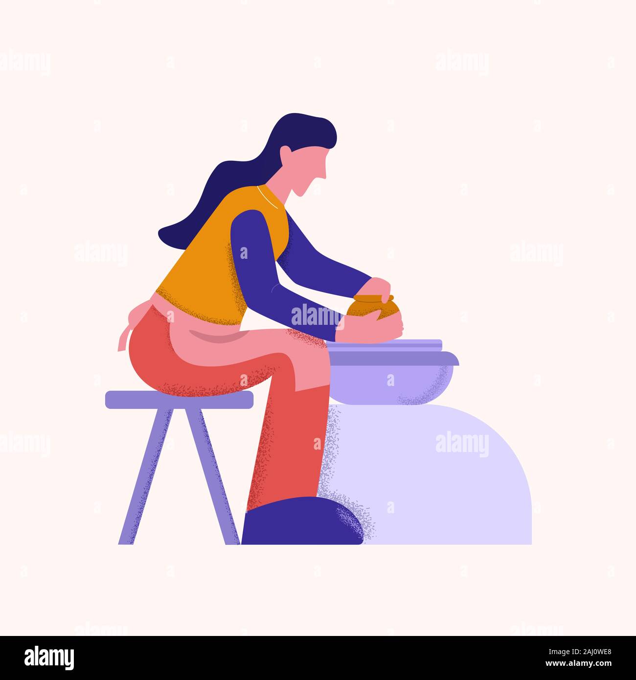 Femmina potter cartoon rendendo pentola di creta sulla ruota di vasai grande stile arti vista laterale Illustrazione Vettoriale