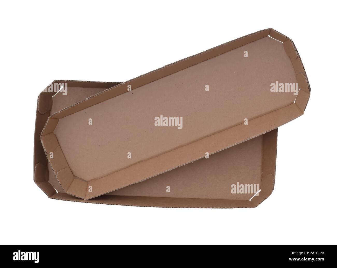 Cartone, carta di contenitori per alimenti, vassoi. Ecologico, carta marrone di imballaggio. Isolato su sfondo bianco. Due elementi. Foto Stock